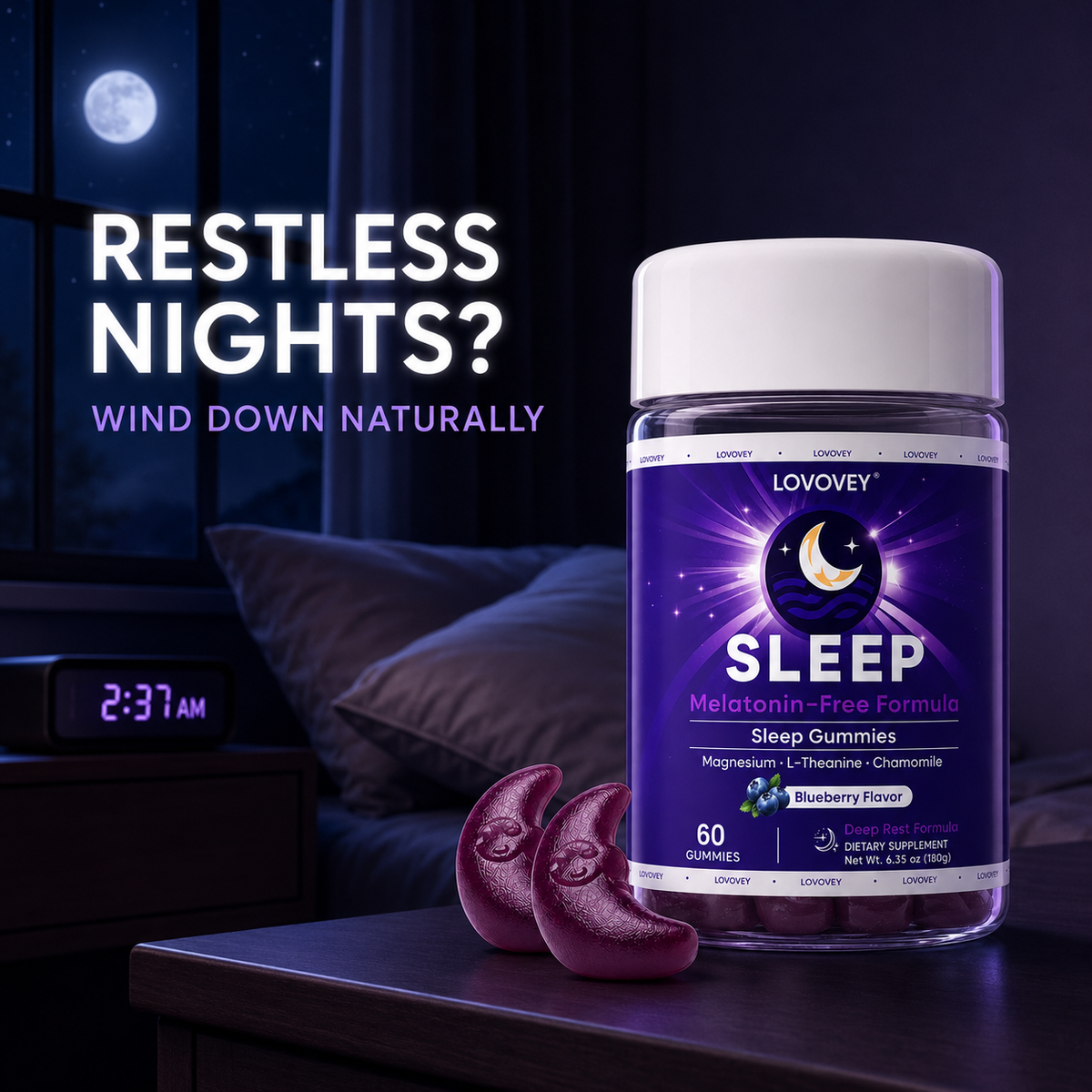 Melatonin-Free Sleep Gummies — Magnesium & L-Theanine | LOVOVEY Blueberry 60 Gummies