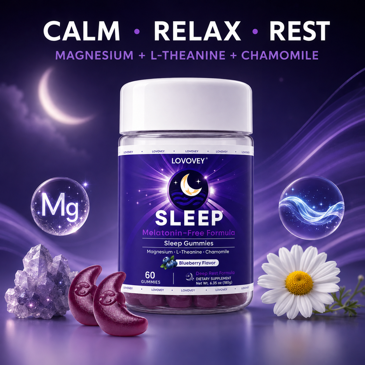 Melatonin-Free Sleep Gummies — Magnesium & L-Theanine | LOVOVEY Blueberry 60 Gummies