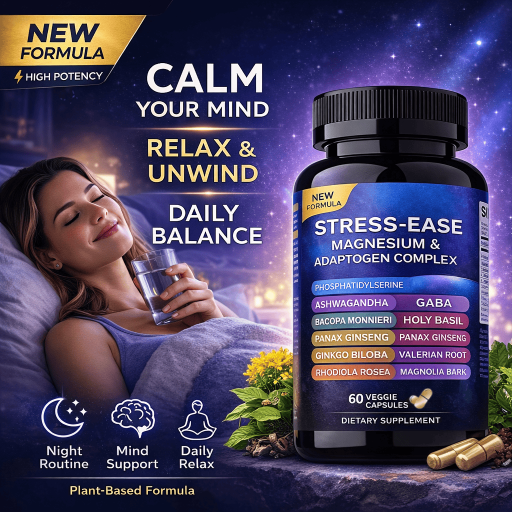 Stress-Ease Magnesium & Adaptogen Complex – Relaxation, Focus & Stress Support – 60 Veggie Capsules