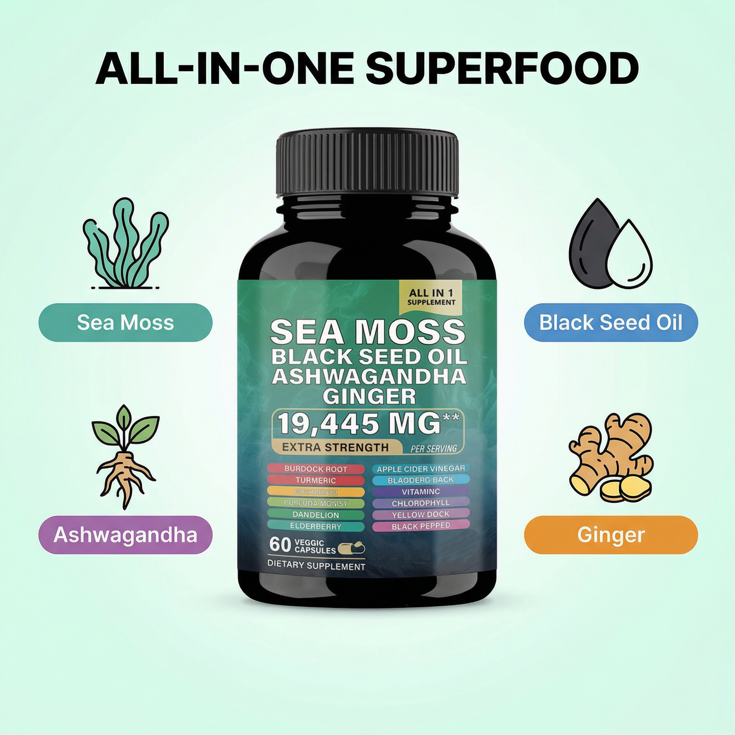LOVOVEY Sea Moss Capsules | 19,445mg Blend with Black Seed Oil, Ashwagandha & Ginger, 60 Count, Daily Wellness Support