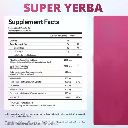 Super Yerba + Ashwagandha, Vitamin D3 & Magnesium – 30 Raspberry Lemonade Packets for Energy, Focus & Digestive Support