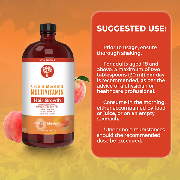 LOVOVEY Liquid Multivitamin for Hair Growth | With Biotin, 450ml, Peach Mango Flavor, Daily Beauty & Wellness Support