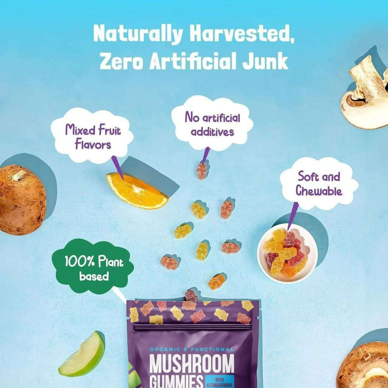 Organic & Functional Mushroom Gummies with Ashwagandha – 2500mg Functional Mushrooms, 80 Vegan Gummies, Low-Calorie Wellness Support