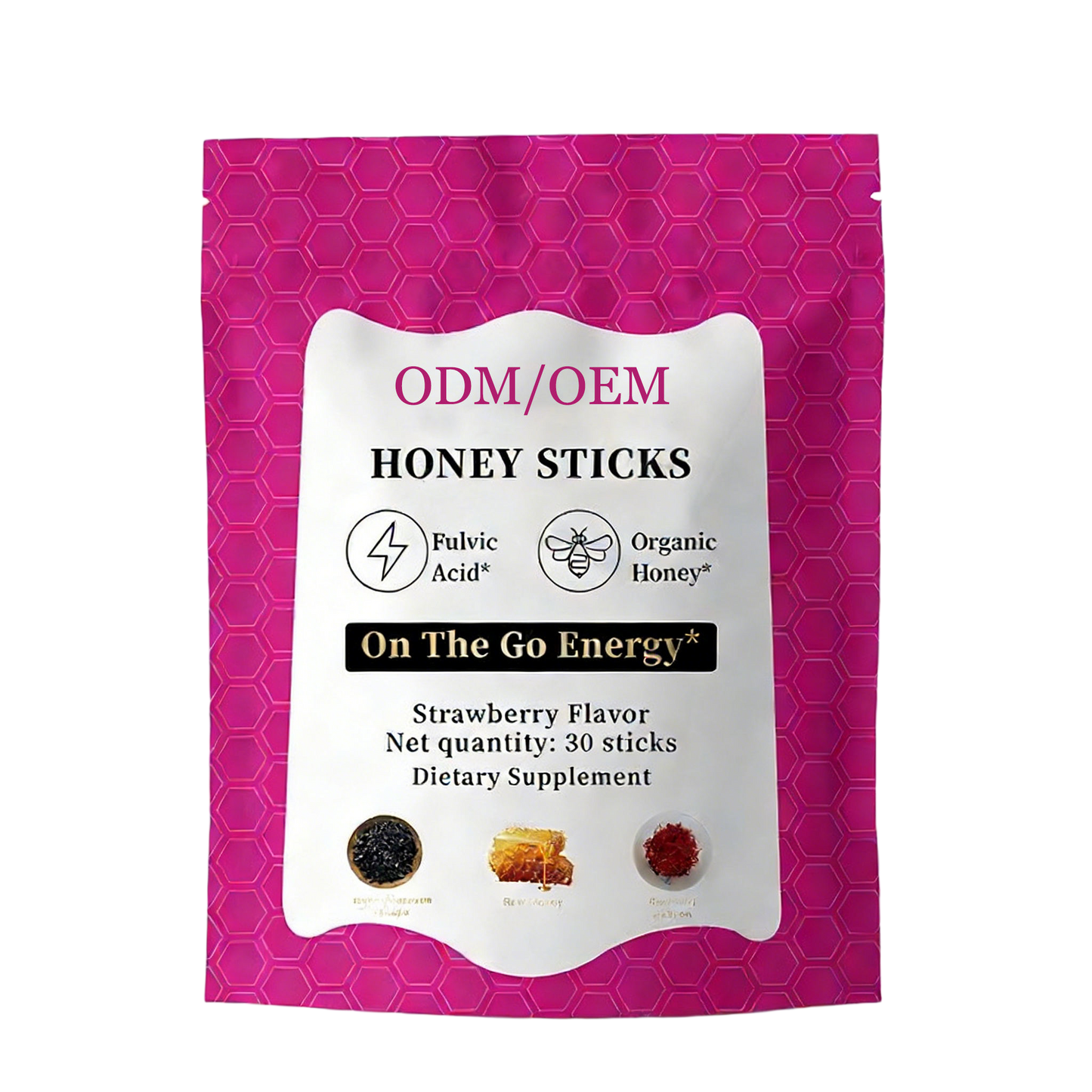 Honey Sticks – On-the-Go Energy Boost with Fulvic Acid & Organic Honey, Strawberry Flavor, 30 Sticks