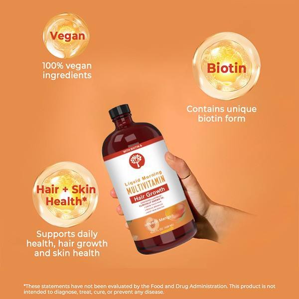 LOVOVEY Liquid Multivitamin for Hair Growth | With Biotin, 450ml, Peach Mango Flavor, Daily Beauty & Wellness Support