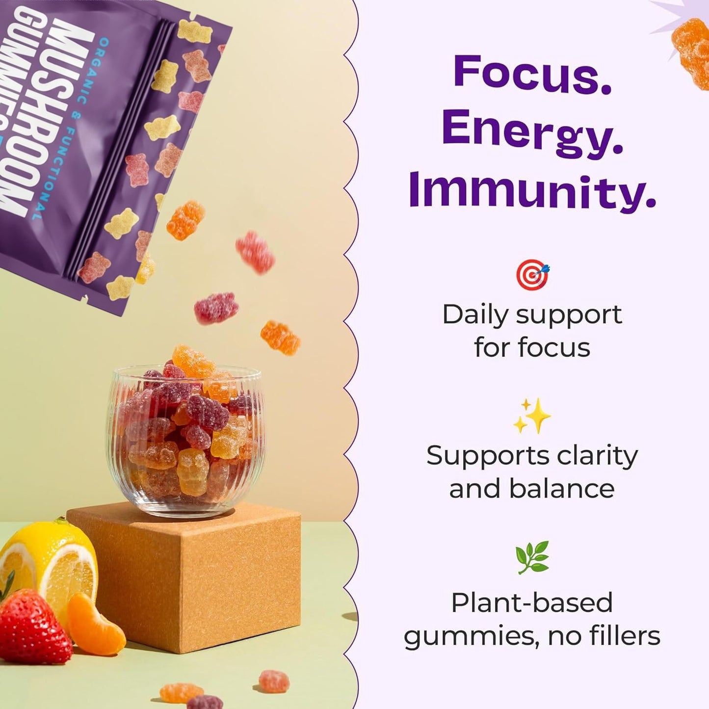 Organic & Functional Mushroom Gummies with Ashwagandha – 2500mg Functional Mushrooms, 80 Vegan Gummies, Low-Calorie Wellness Support