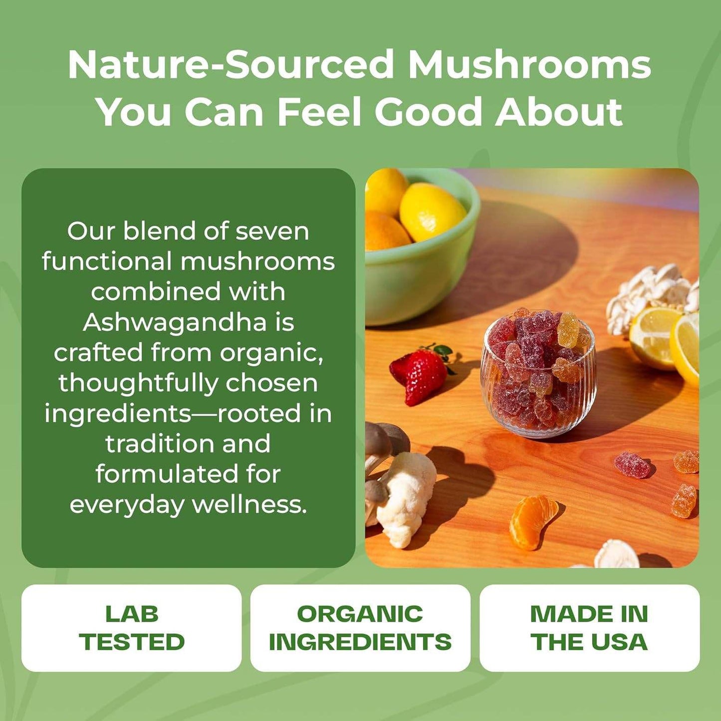 Organic & Functional Mushroom Gummies with Ashwagandha – 2500mg Functional Mushrooms, 80 Vegan Gummies, Low-Calorie Wellness Support