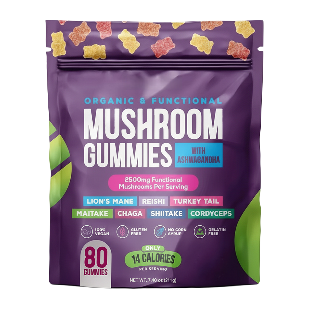 Organic & Functional Mushroom Gummies with Ashwagandha – 2500mg Functional Mushrooms, 80 Vegan Gummies, Low-Calorie Wellness Support