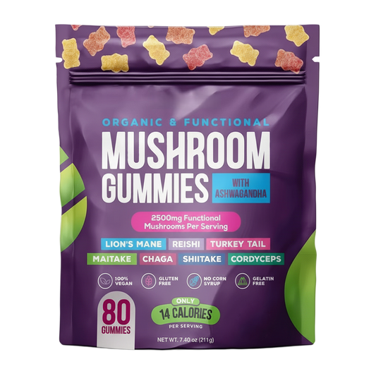 Organic & Functional Mushroom Gummies with Ashwagandha – 2500mg Functional Mushrooms, 80 Vegan Gummies, Low-Calorie Wellness Support