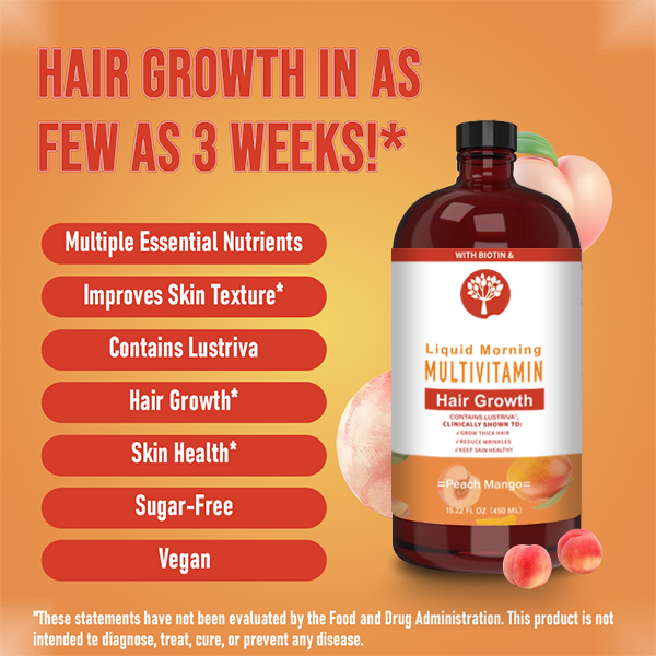 LOVOVEY Liquid Multivitamin for Hair Growth | With Biotin, 450ml, Peach Mango Flavor, Daily Beauty & Wellness Support