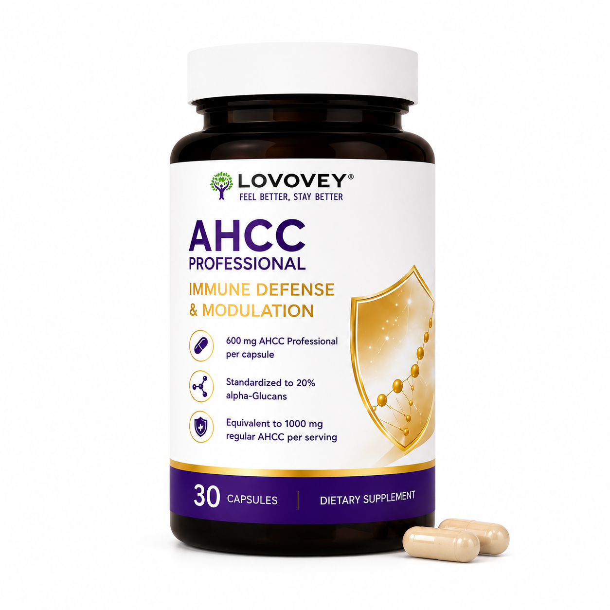 LOVOVEY AHCC Professional | Immune Defense & Wellness Support | 30 Capsules
