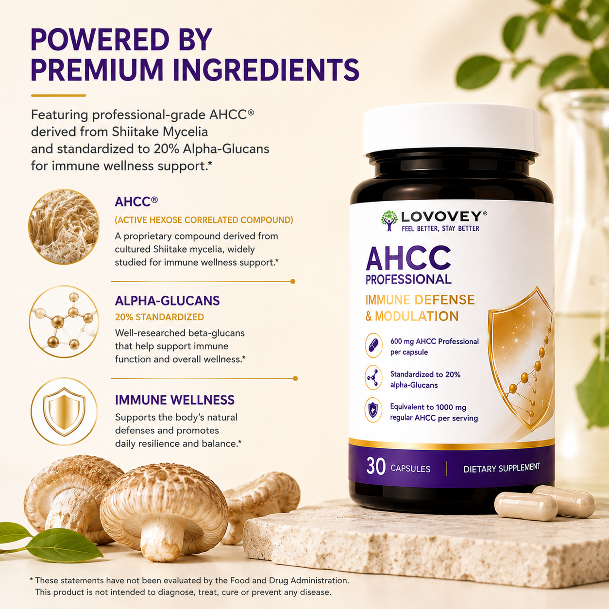 LOVOVEY AHCC Professional | Immune Defense & Wellness Support | 30 Capsules