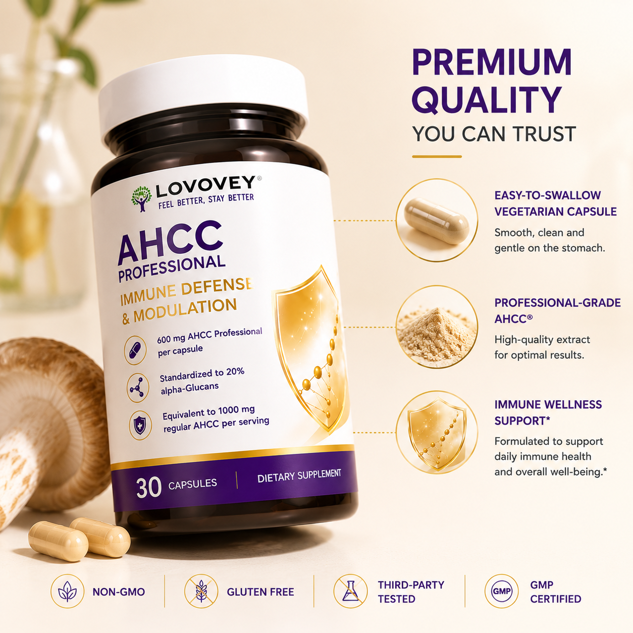 LOVOVEY AHCC Professional | Immune Defense & Wellness Support | 30 Capsules