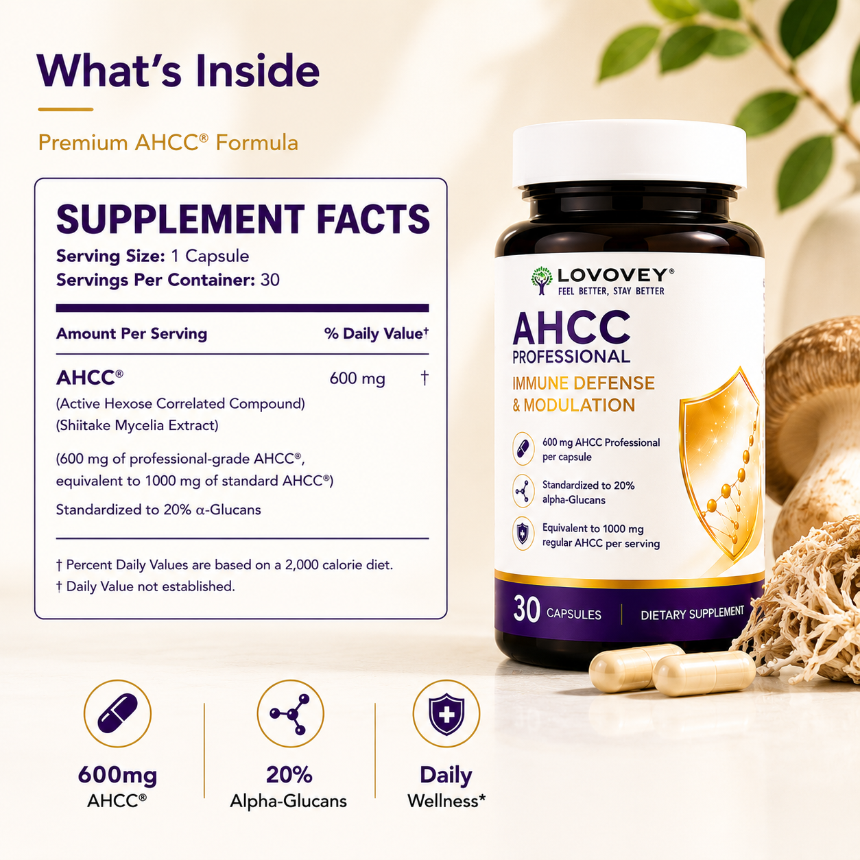 LOVOVEY AHCC Professional | Immune Defense & Wellness Support | 30 Capsules