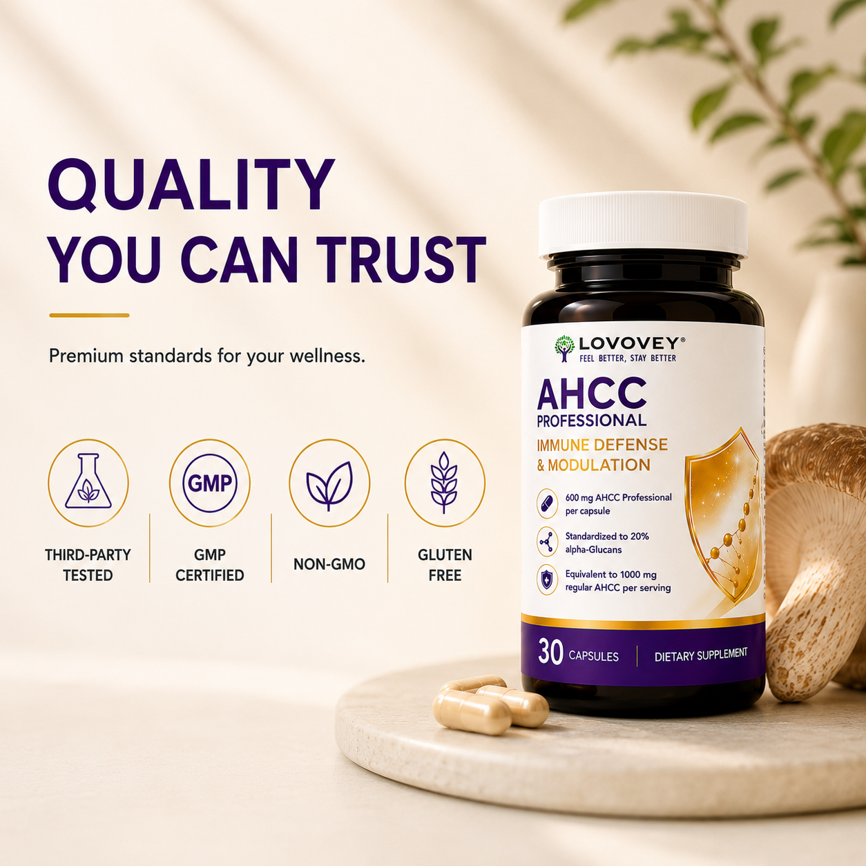 LOVOVEY AHCC Professional | Immune Defense & Wellness Support | 30 Capsules