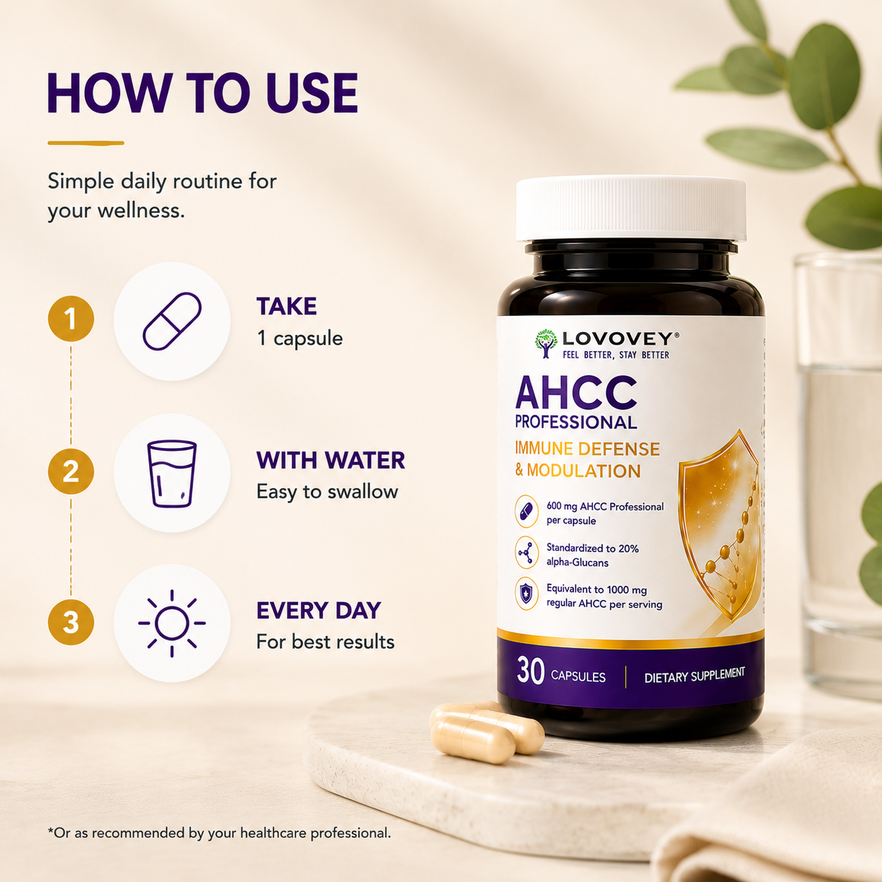 LOVOVEY AHCC Professional | Immune Defense & Wellness Support | 30 Capsules