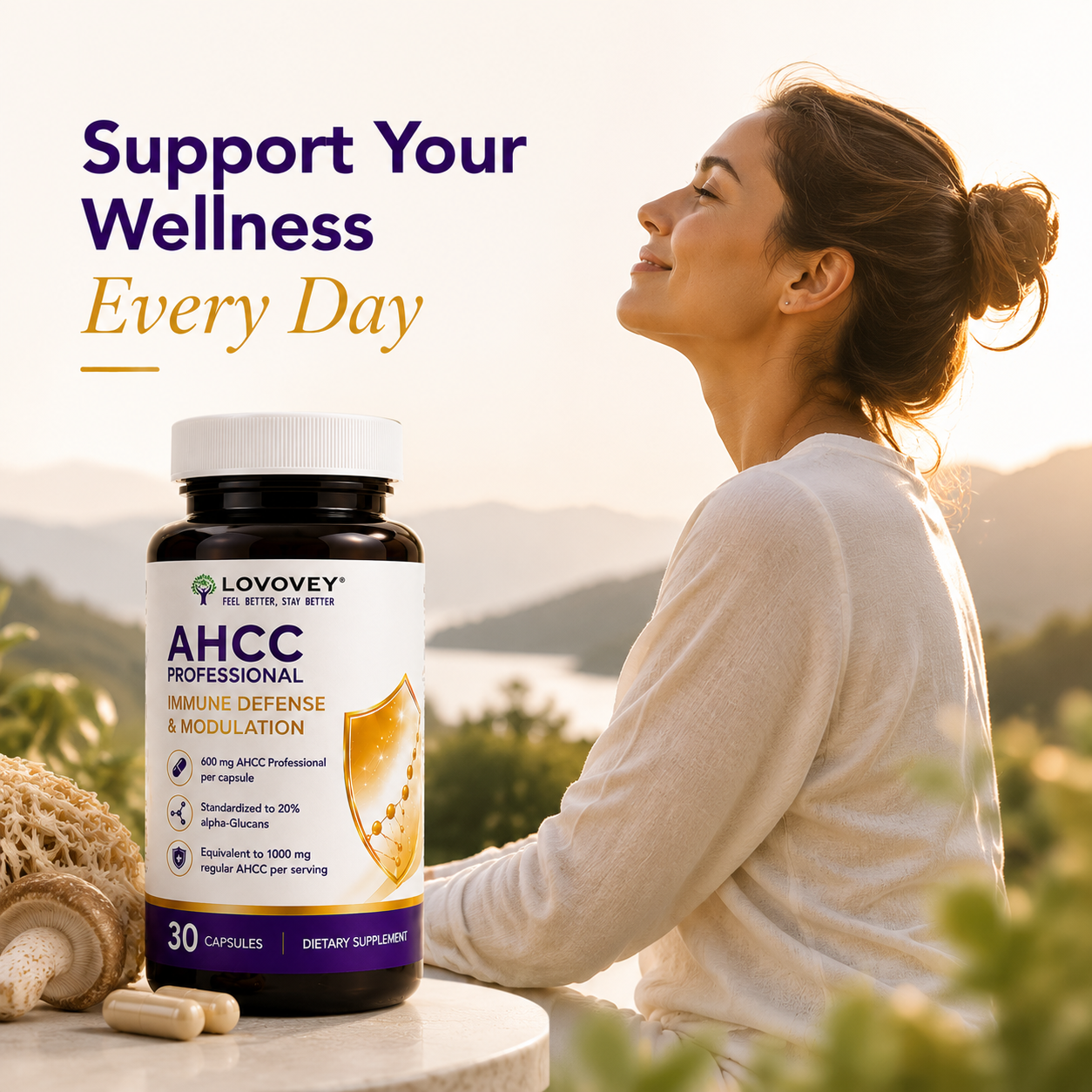 LOVOVEY AHCC Professional | Immune Defense & Wellness Support | 30 Capsules