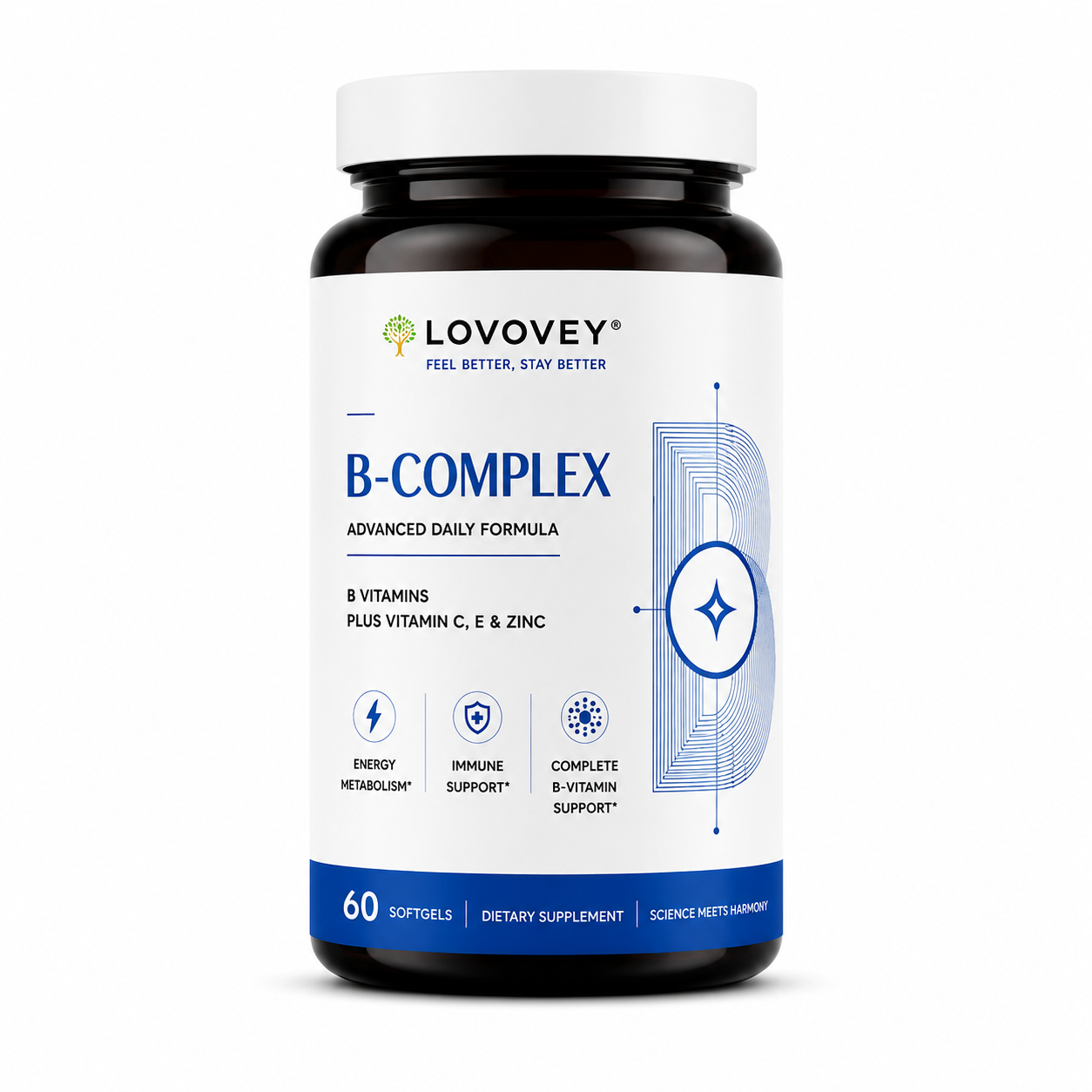 LOVOVEY B-Complex with Vitamin C, E & Zinc | 60 Softgels