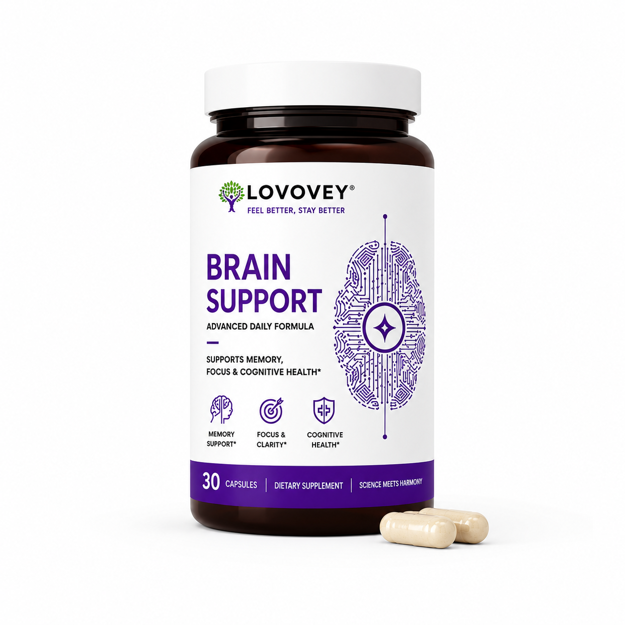LOVOVEY Brain Support | Memory, Focus & Cognitive Wellness | 30 Capsules