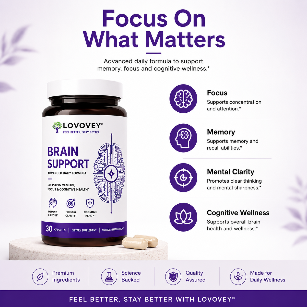LOVOVEY Brain Support | Memory, Focus & Cognitive Wellness | 30 Capsules