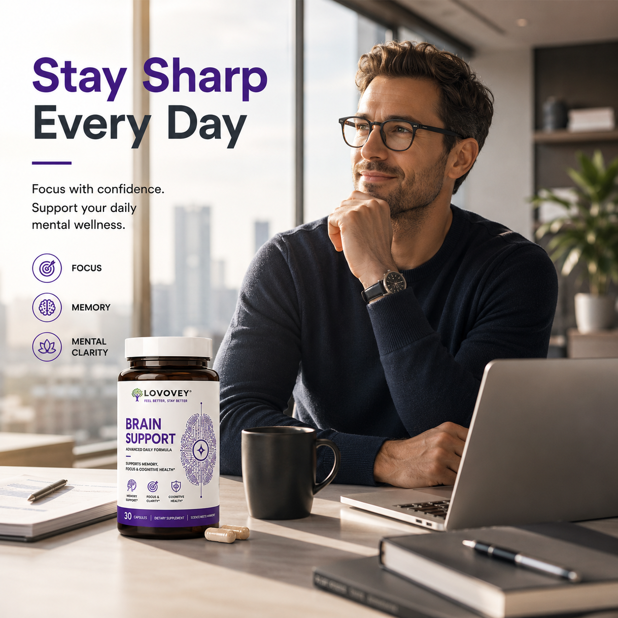 LOVOVEY Brain Support | Memory, Focus & Cognitive Wellness | 30 Capsules