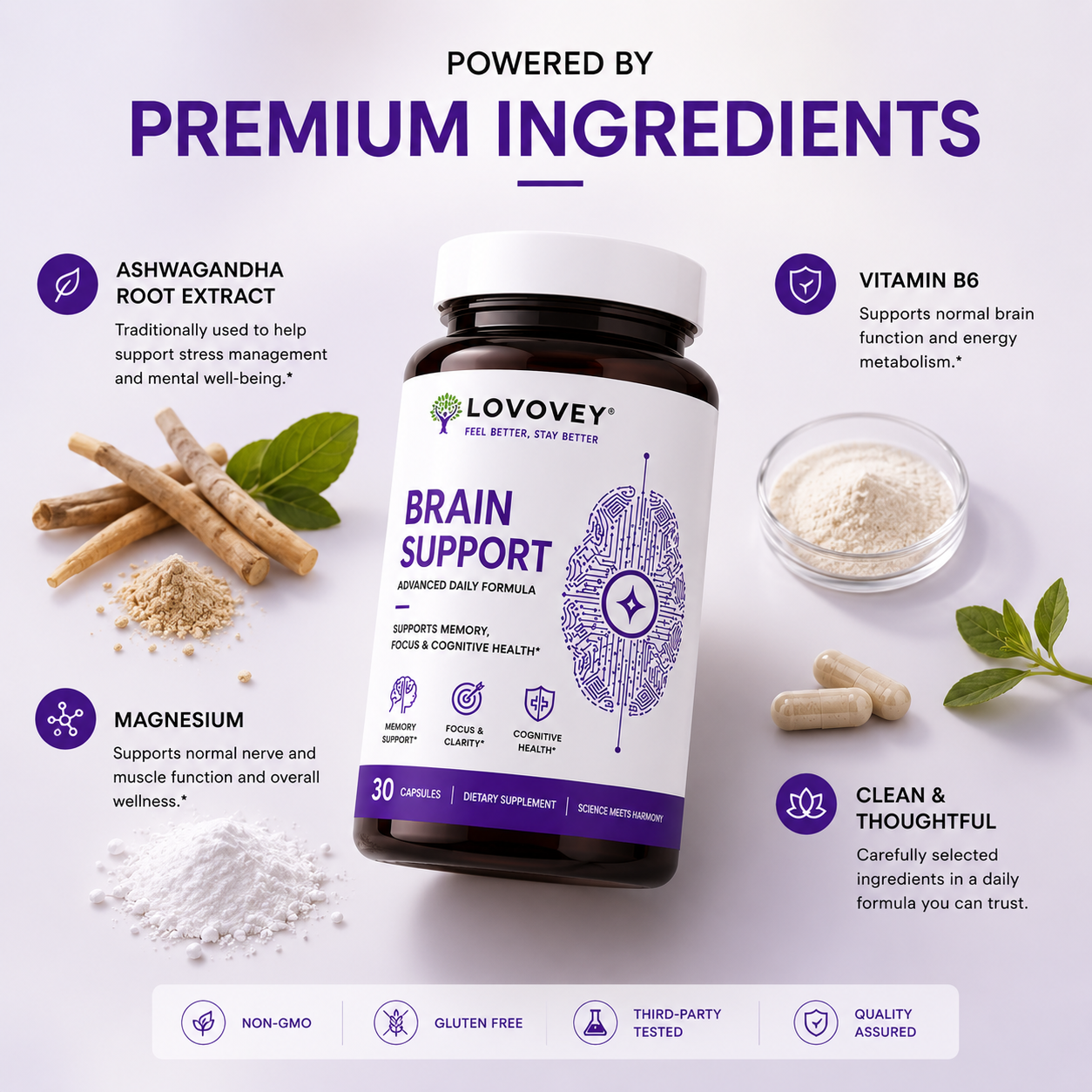 LOVOVEY Brain Support | Memory, Focus & Cognitive Wellness | 30 Capsules