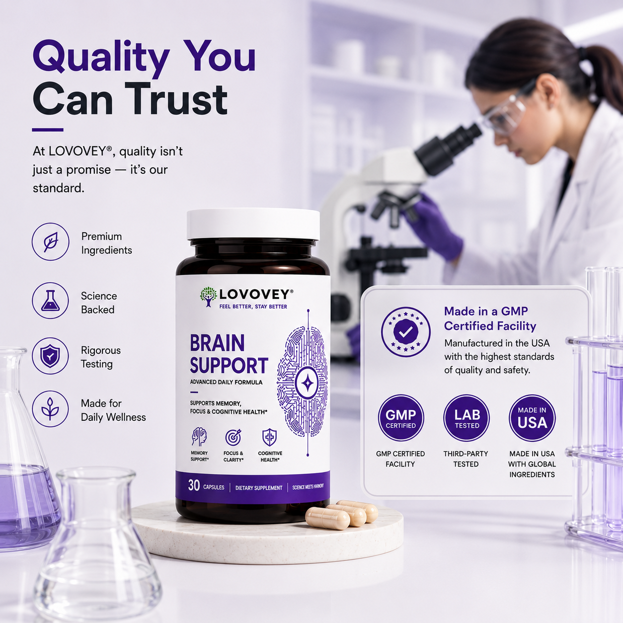 LOVOVEY Brain Support | Memory, Focus & Cognitive Wellness | 30 Capsules