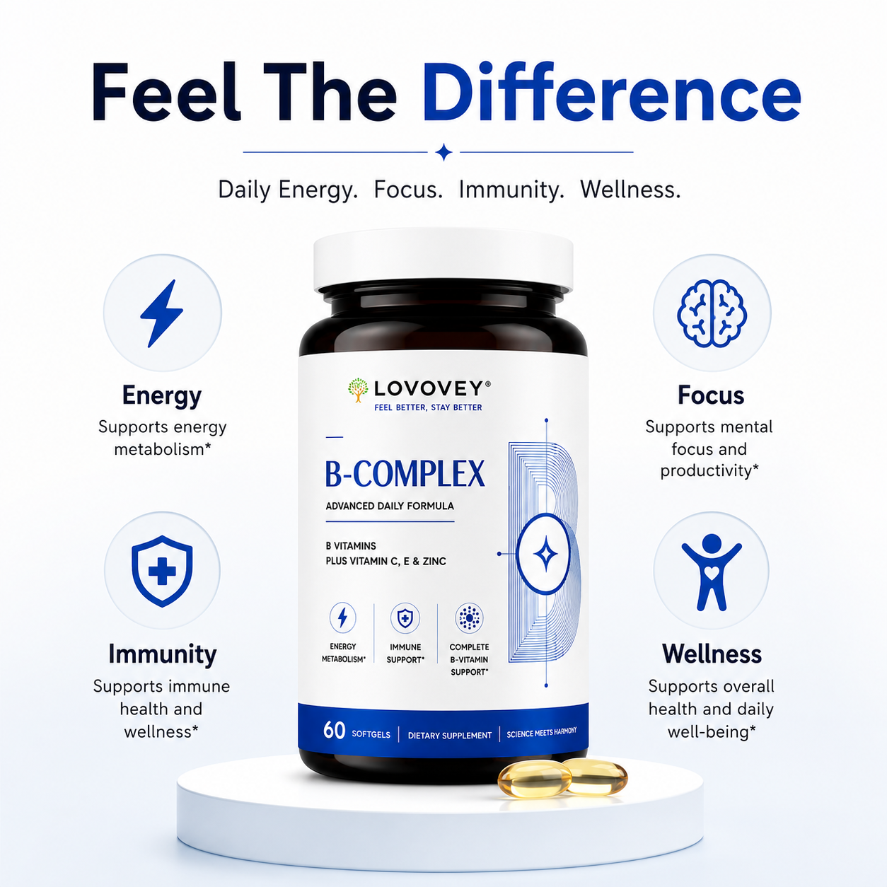 LOVOVEY B-Complex with Vitamin C, E & Zinc | 60 Softgels
