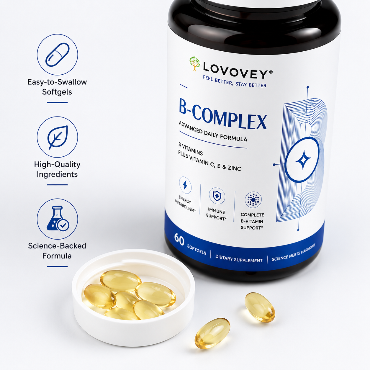 LOVOVEY B-Complex with Vitamin C, E & Zinc | 60 Softgels