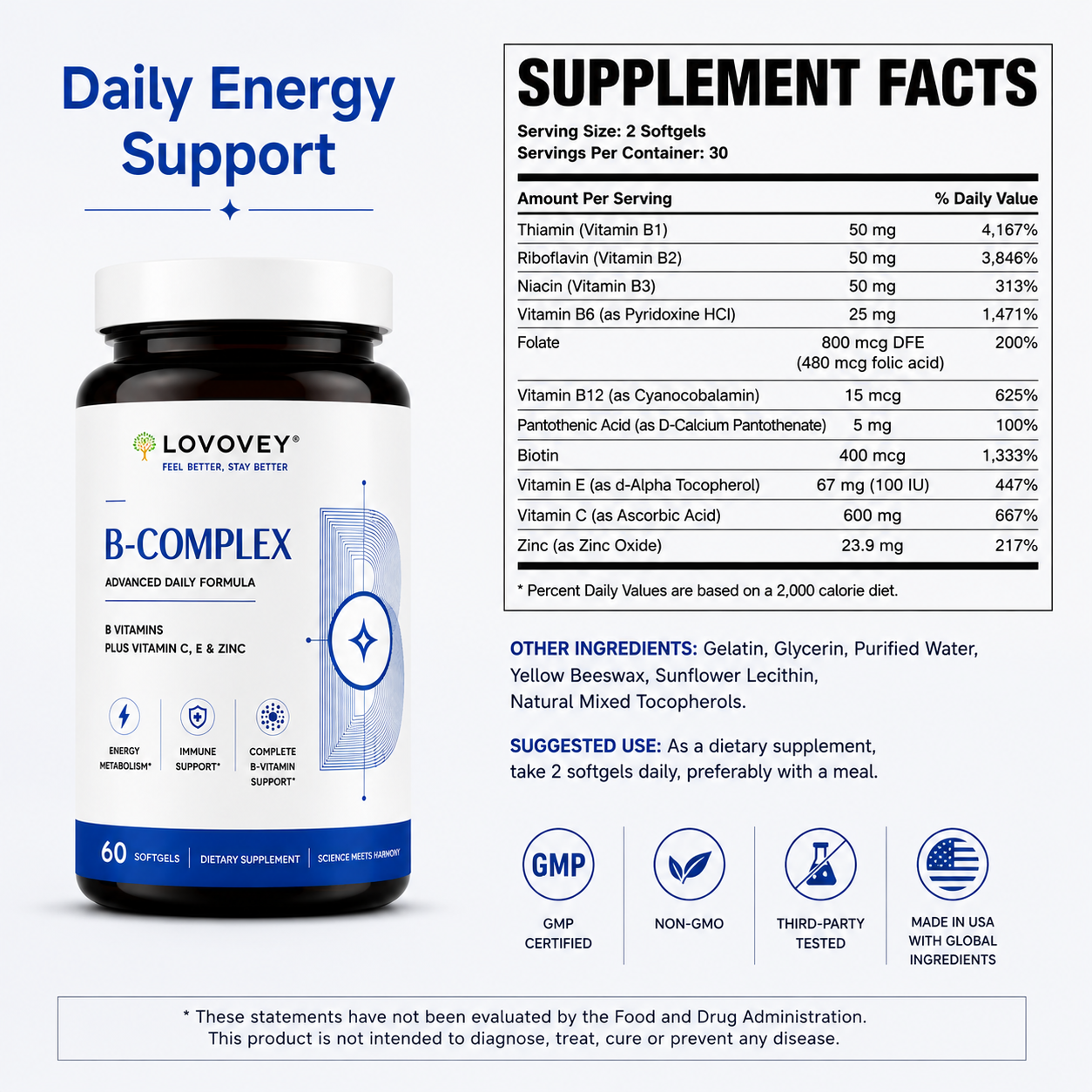 LOVOVEY B-Complex with Vitamin C, E & Zinc | 60 Softgels