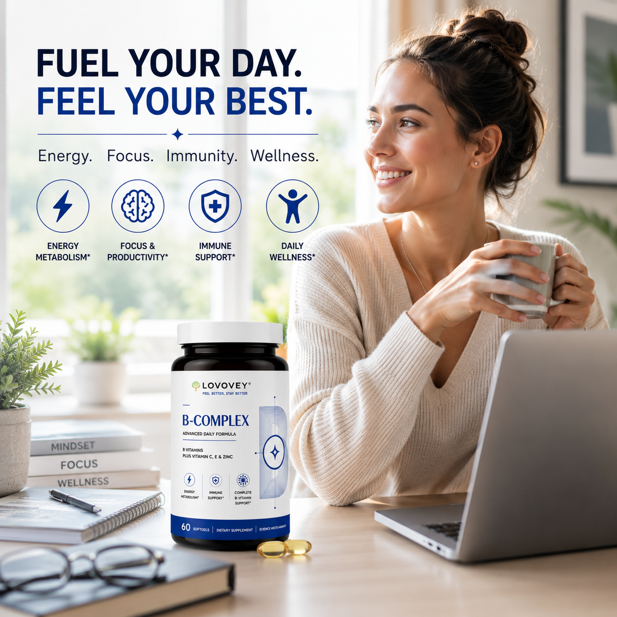 LOVOVEY B-Complex with Vitamin C, E & Zinc | 60 Softgels