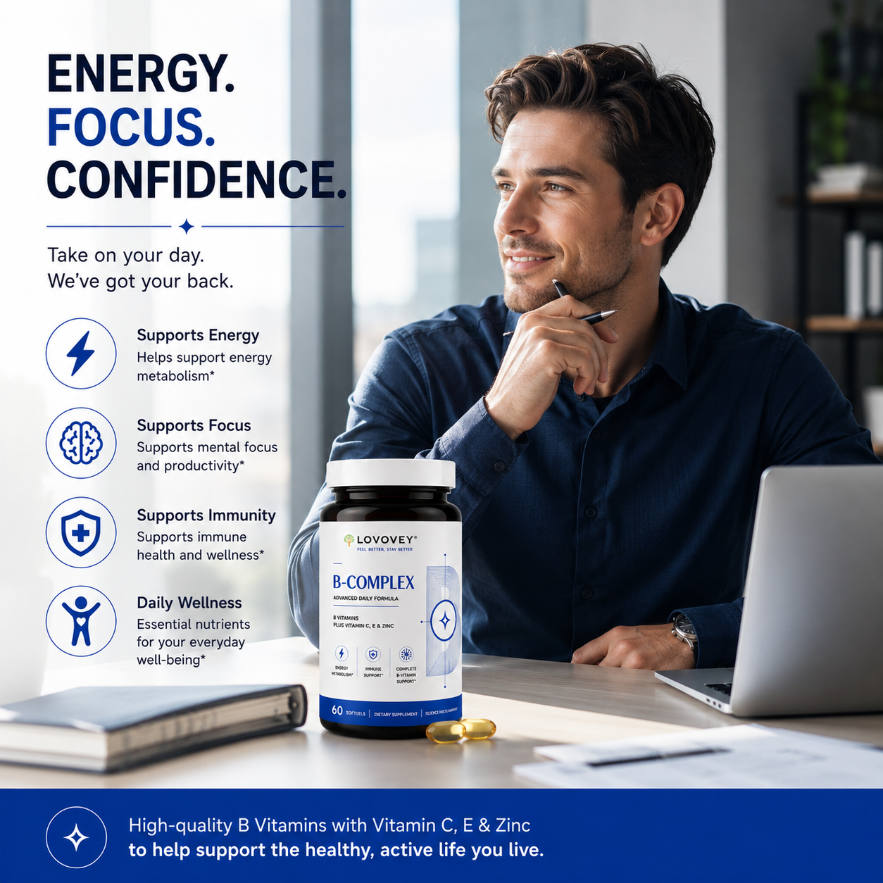 LOVOVEY B-Complex with Vitamin C, E & Zinc | 60 Softgels