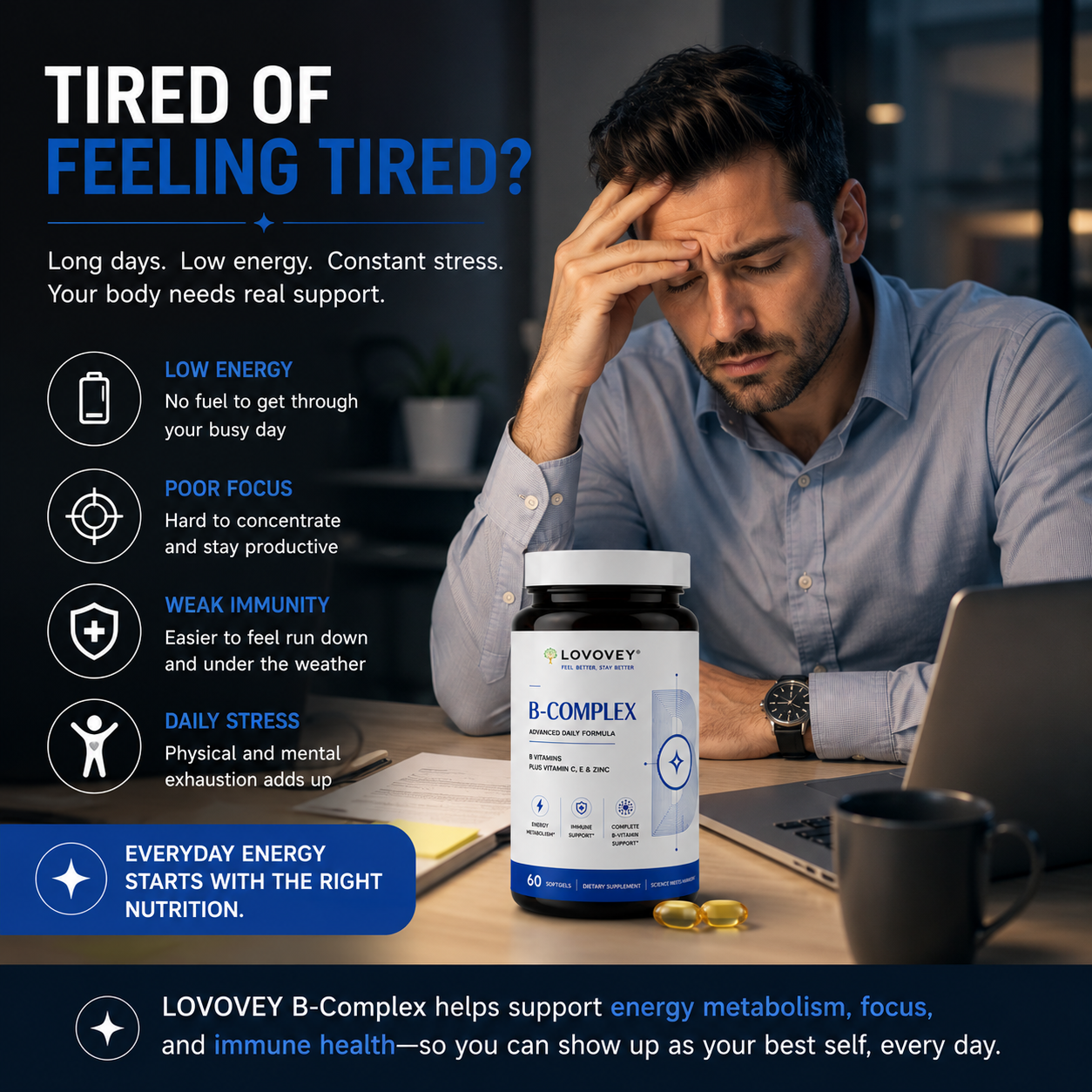 LOVOVEY B-Complex with Vitamin C, E & Zinc | 60 Softgels