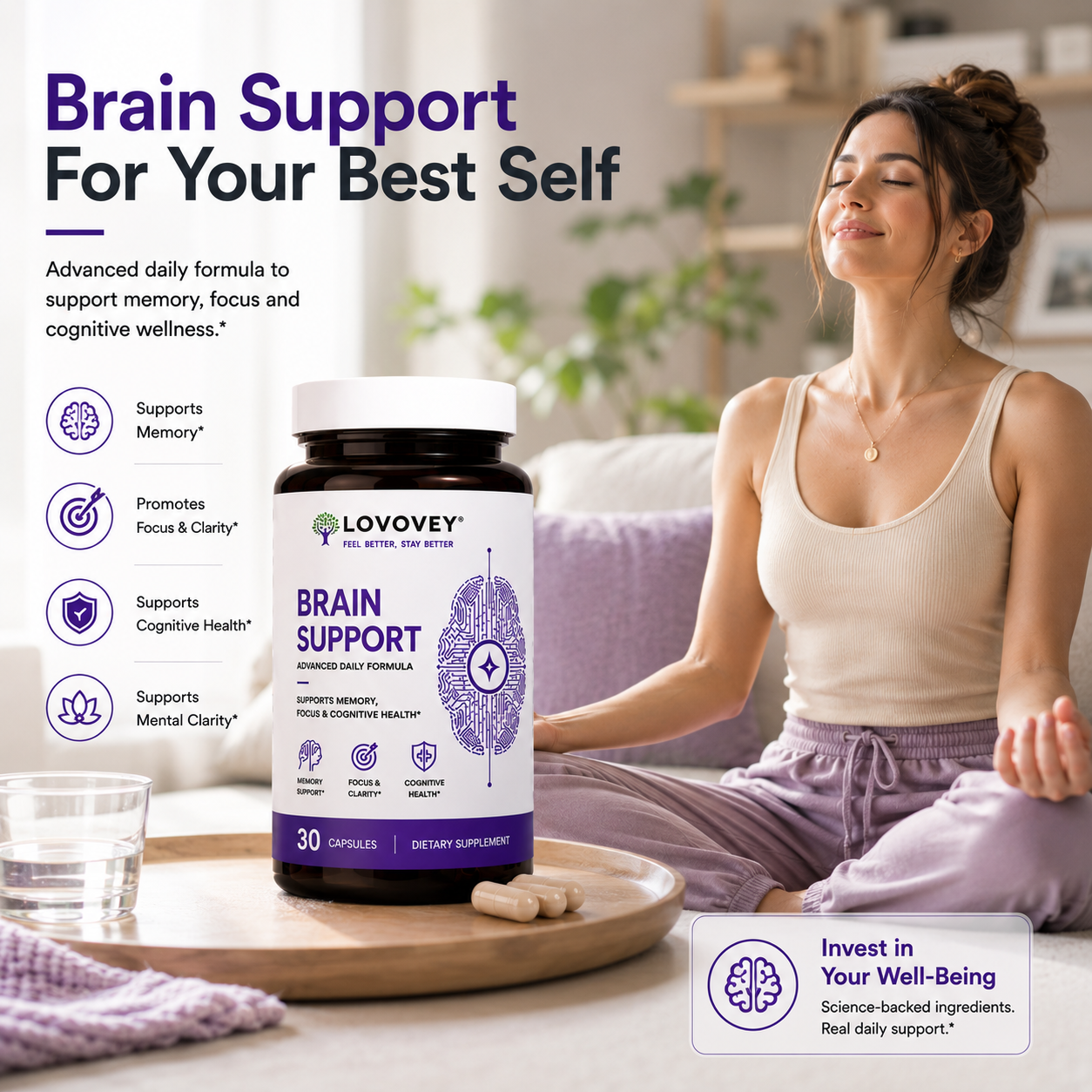 LOVOVEY Brain Support | Memory, Focus & Cognitive Wellness | 30 Capsules