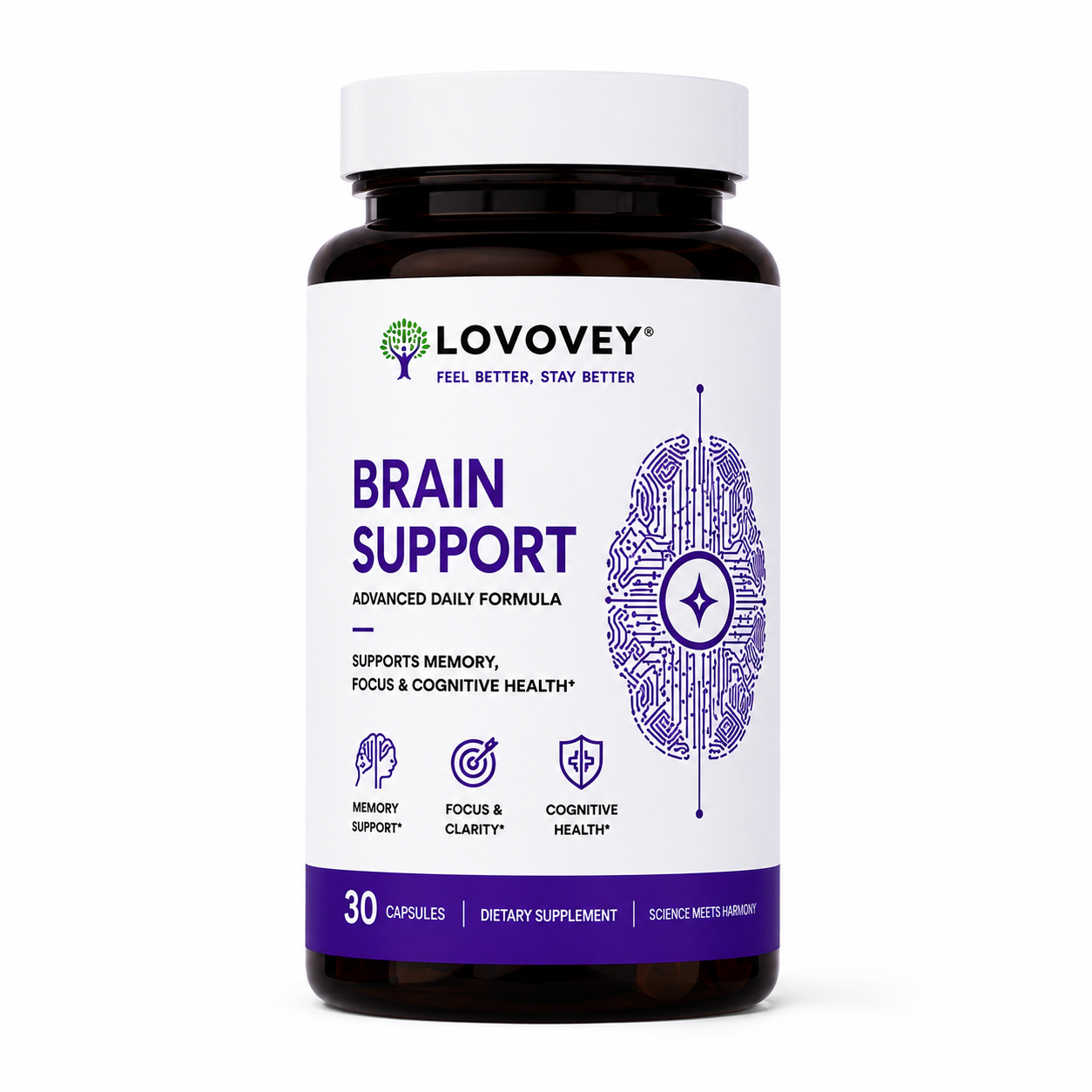 LOVOVEY Brain Support | Memory, Focus & Cognitive Wellness | 30 Capsules