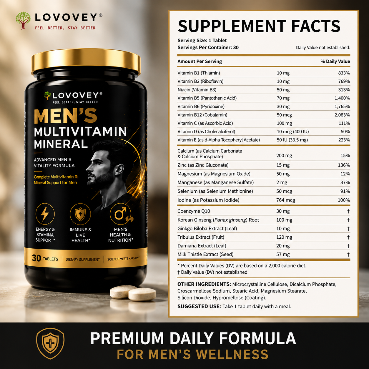 LOVOVEY Men's Multivitamin with Ginseng & CoQ10 | 30 Tablets