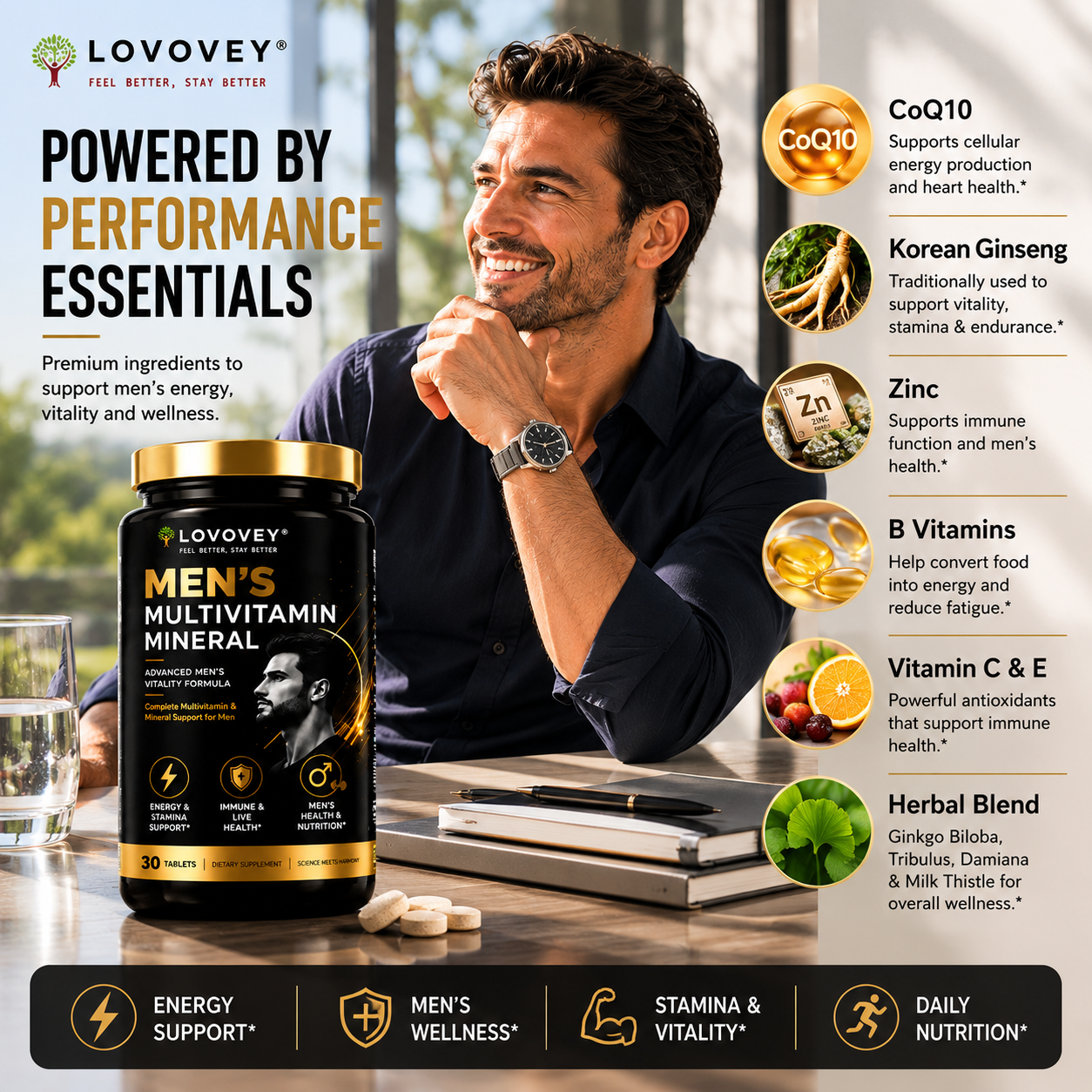 LOVOVEY Men's Multivitamin with Ginseng & CoQ10 | 30 Tablets