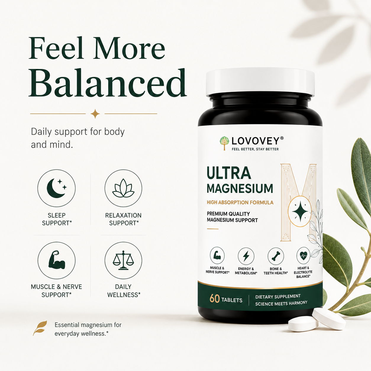 LOVOVEY Ultra Magnesium for Relaxation & Daily Wellness | 60 Tablets