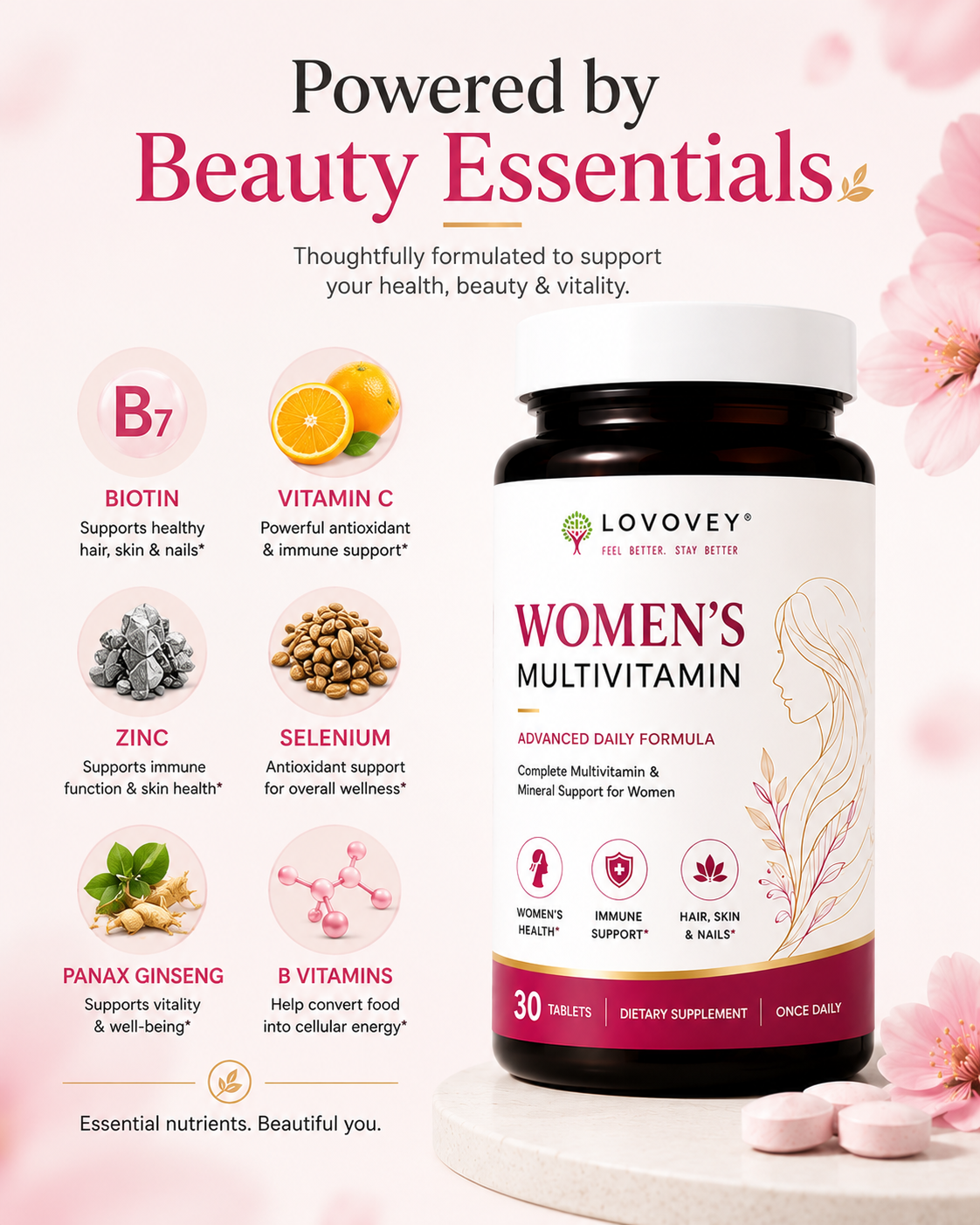 LOVOVEY Women's Multivitamin with Biotin & Zinc | 30 Tablets