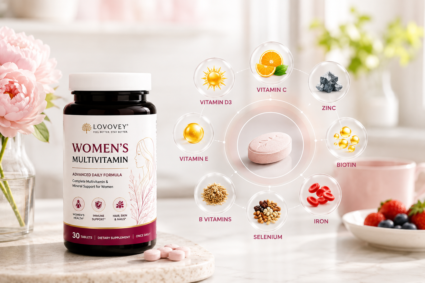 LOVOVEY Women's Multivitamin with Biotin & Zinc | 30 Tablets