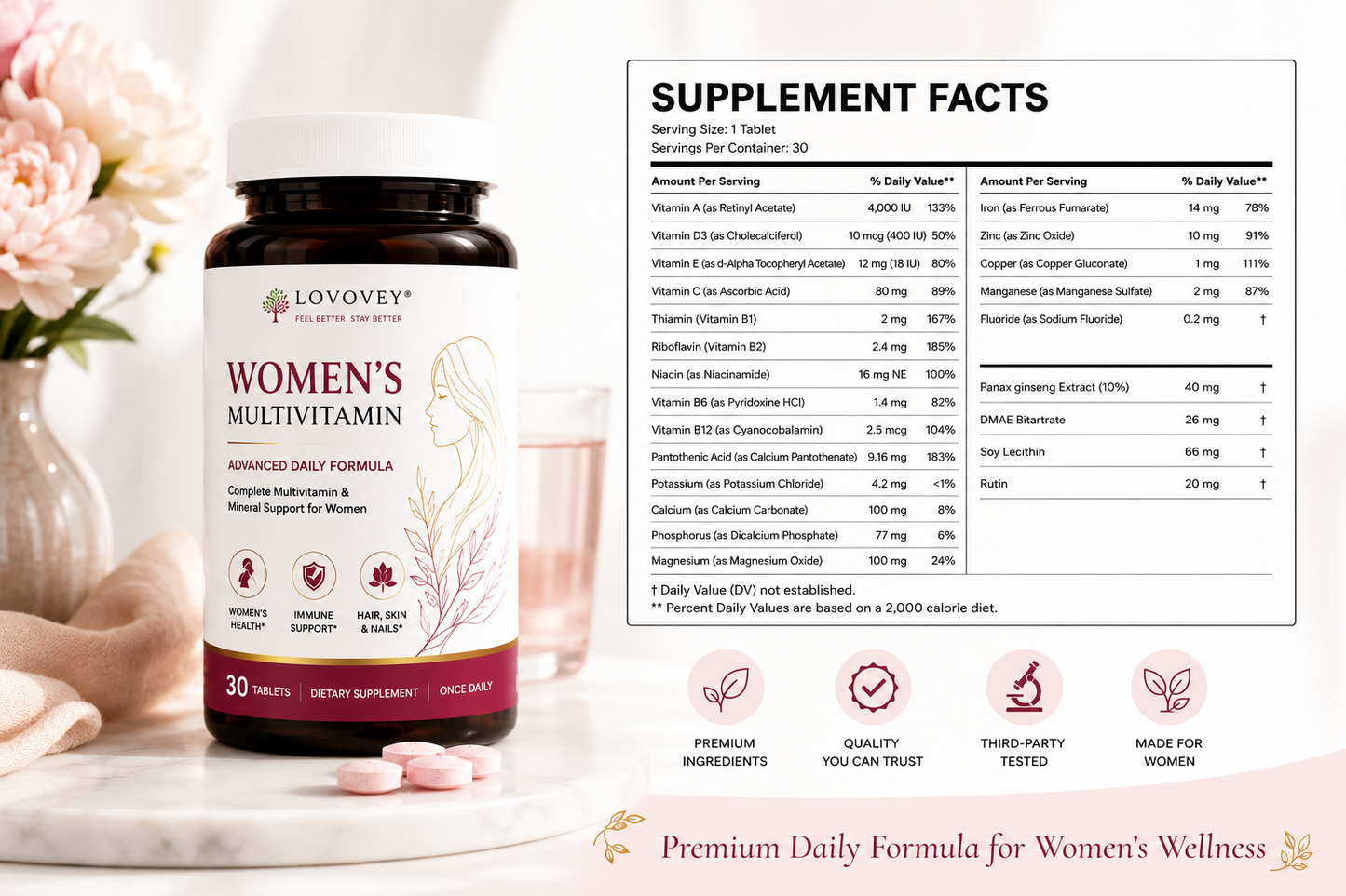 LOVOVEY Women's Multivitamin with Biotin & Zinc | 30 Tablets