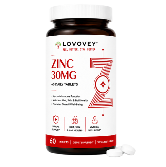 LOVOVEY Zinc 30mg | Immune Support & Skin Health Supplement | 60 Daily Tablets