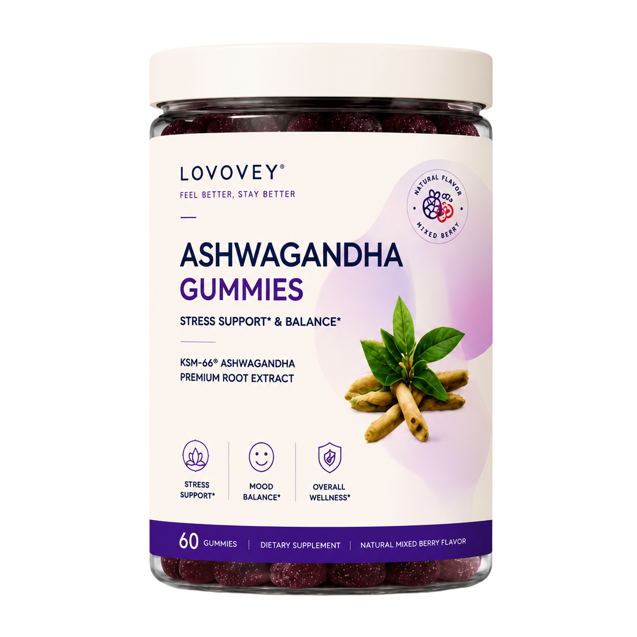 LOVOVEY Ashwagandha Gummies for Stress Relief & Mood Support | Calm, Relax & Balance | 60 Gummies