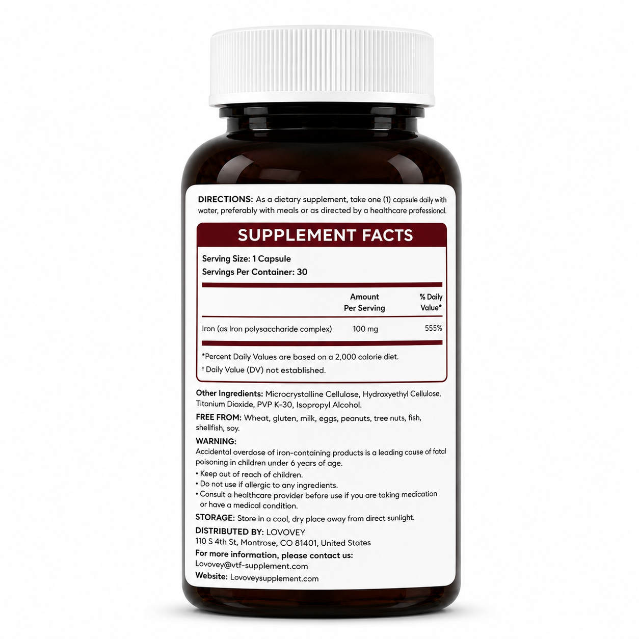 Iron Supplement - Blood Health & Energy Support - LOVOVEY 30 Capsules