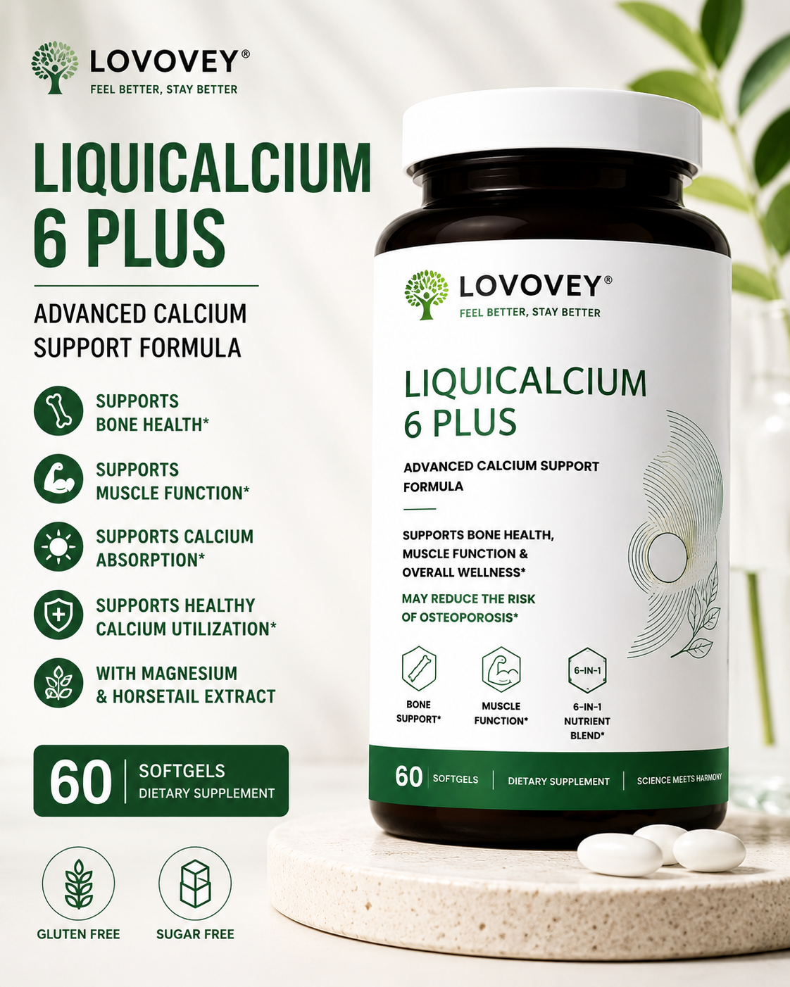 LOVOVEY LiquiCalcium 6 Plus with D3 & K2 | 60 Softgels