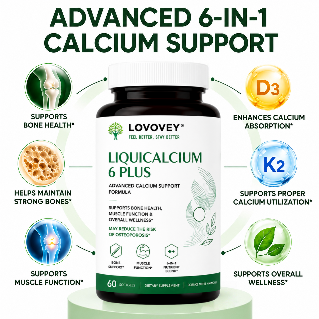 LOVOVEY LiquiCalcium 6 Plus | Advanced Bone Support | 60 Softgels