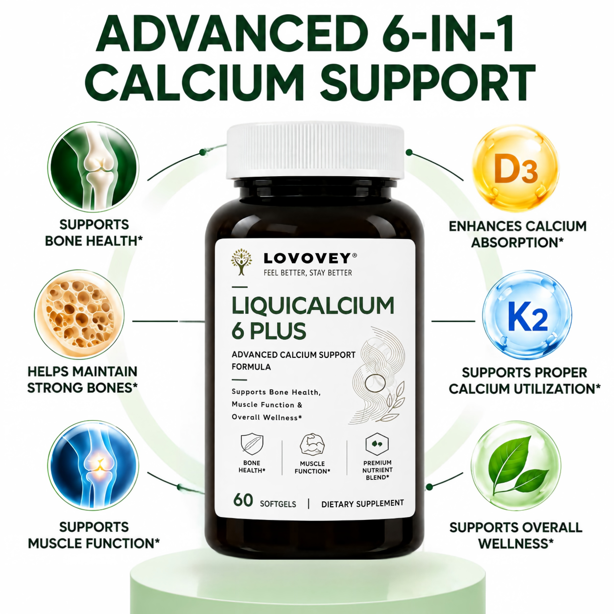 LOVOVEY LiquiCalcium 6 Plus | Advanced Bone Support | 60 Softgels