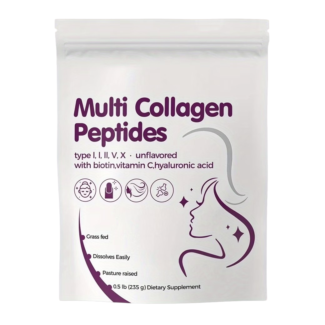 Multi Collagen Peptides Powder – Type I, II, V, X with Biotin, Vitamin C & Hyaluronic Acid for Skin, Hair & Nails – Unflavored, Easy-Dissolve, Grass-Fed, 0.5 lb (235g) Dietary Supplement