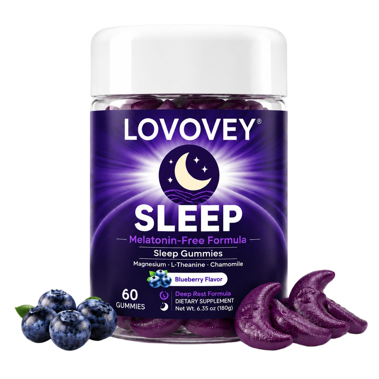 LOVOVEY Sleep Gummies – Melatonin-Free Sleep Support with Magnesium, L-Theanine & Botanicals | Blueberry Flavor | 60 Gummies