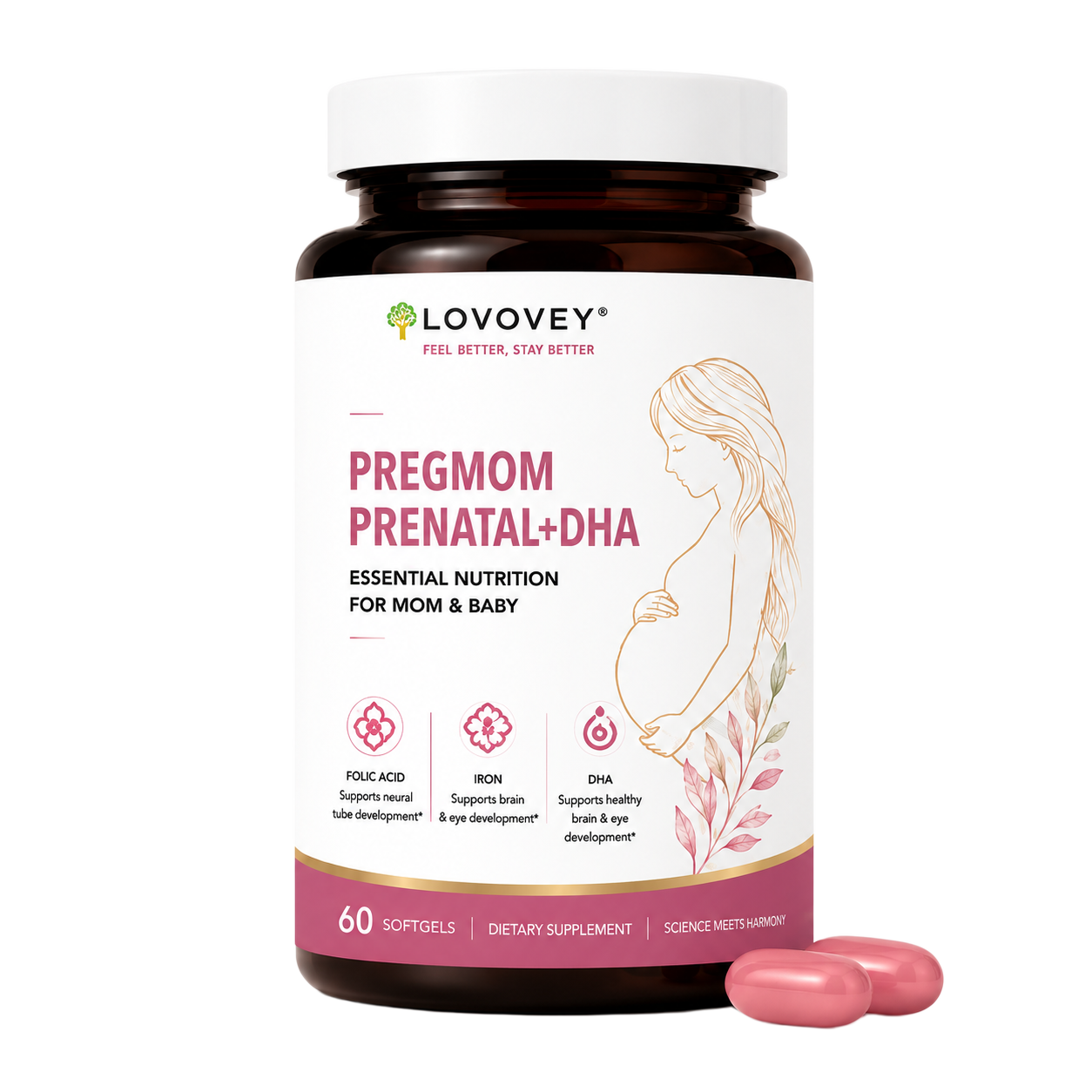 LOVOVEY PregMom Prenatal + DHA | Essential Nutrition for Mom & Baby | 60 Softgels